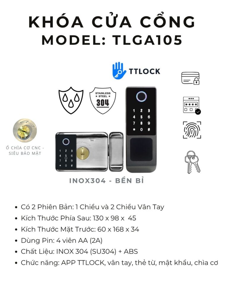Khoá Vân Tay Cửa Cổng Ngoài Trời 2 Chiều TLGA105 INOX 304 (Phiên Bản 2026)